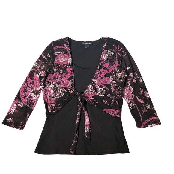 INC International Concepts Tops - Y2K INC Womens L‎ Paisley Mesh Tie Front 2-in-1 Layered Black 3/4 Sleeve Top